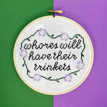 Load image into Gallery viewer, whores will have their trinkets cross stitch kit by the craft kit at the crafty cowgirl
