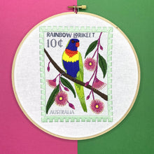 Load image into Gallery viewer, rainbow lorikeet vintage stamp embroidery kit by the craft kit from the crafty cowgirl
