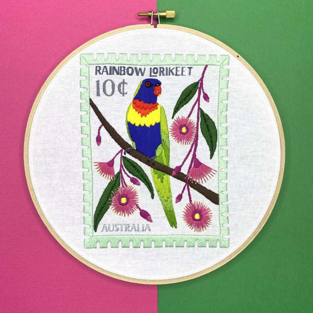 rainbow lorikeet vintage stamp embroidery kit by the craft kit from the crafty cowgirl