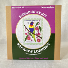 Load image into Gallery viewer, rainbow lorikeet vintage stamp embroidery kit by the craft kit from the crafty cowgirl
