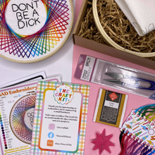 Load image into Gallery viewer, contents of don&#39;t be a dick rainbow spirograph embroidery kit from the crafty cowgirl
