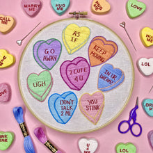 Load image into Gallery viewer, candy hearts embroidery kit by the craft kit at the crafty cowgirl
